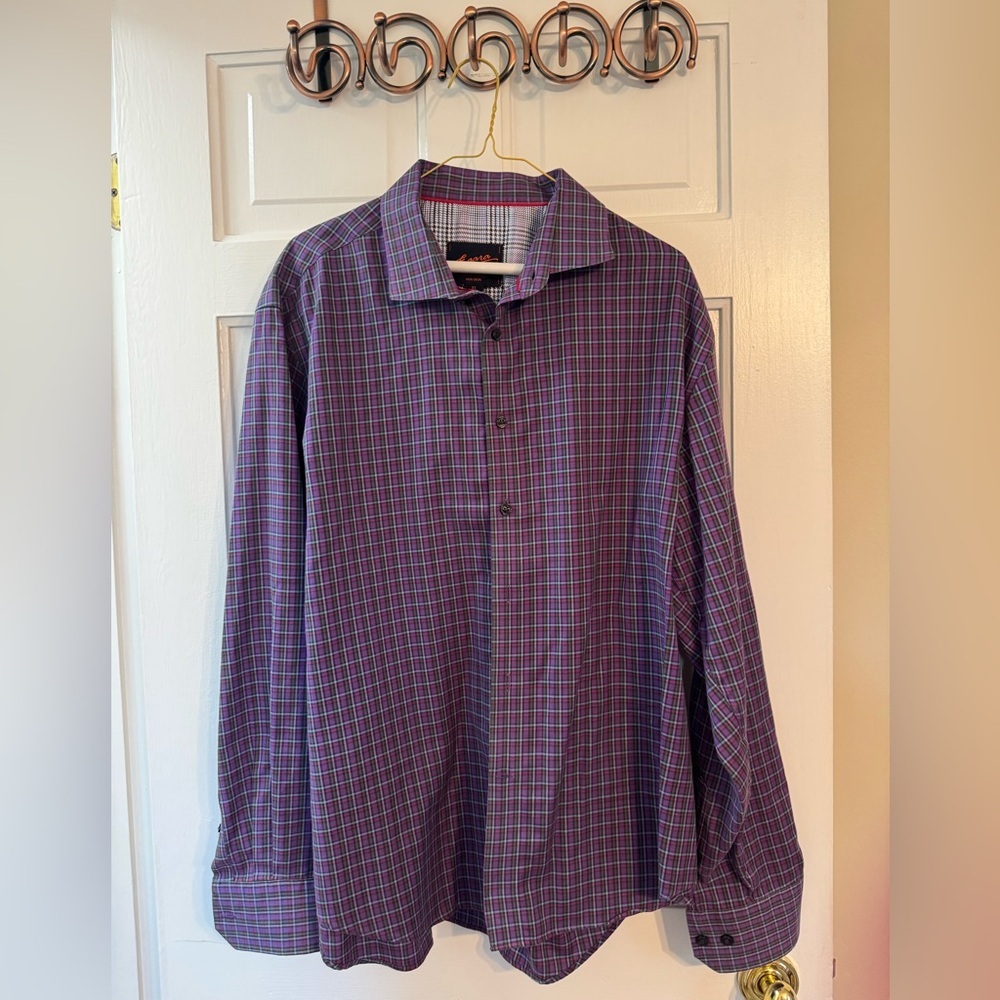 Egara Men’s Button Down Shirt XL Purple Plaid Long Sleeve Dress Shirt Casual Off